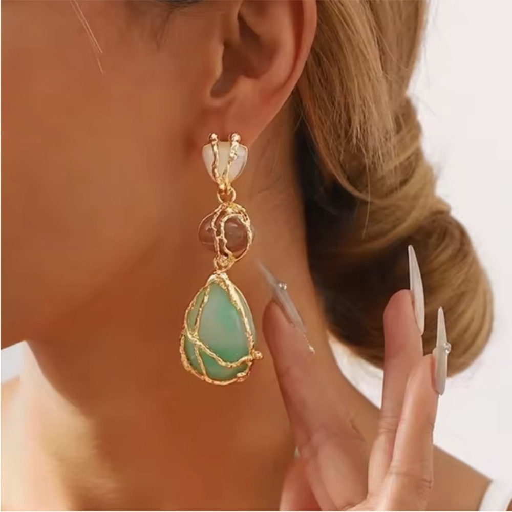 Zara Gold and Green Statement Earrings - Picture 2 of 6